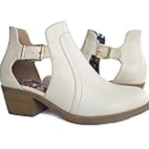 [US9]Christian Lacroix Cream Pila LowBlock Heel Cutout Buckle Straps Ankle Boots